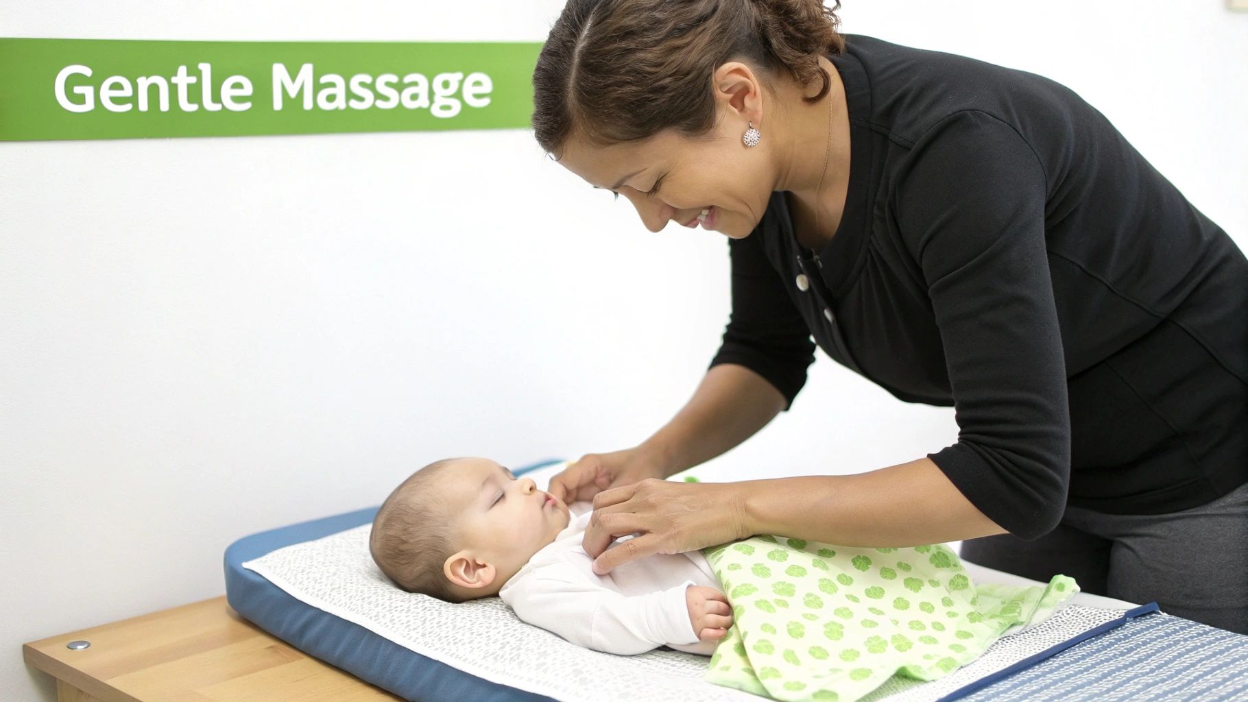 A smiling woman gently massages a sleeping baby on a changing pad, promoting calm and comfort.