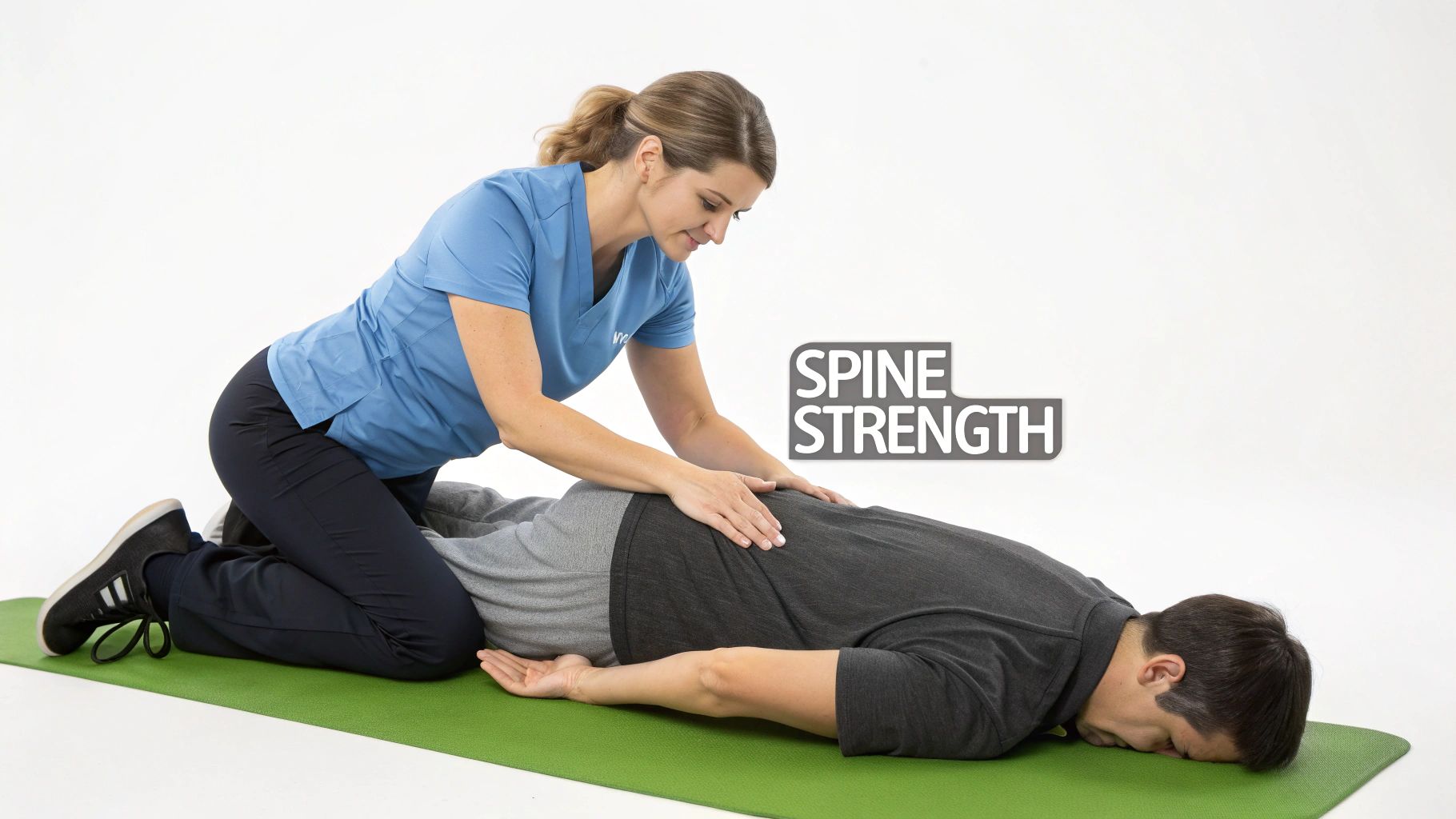 Physical therapist assisting patient with prone spine strengthening exercise on green mat