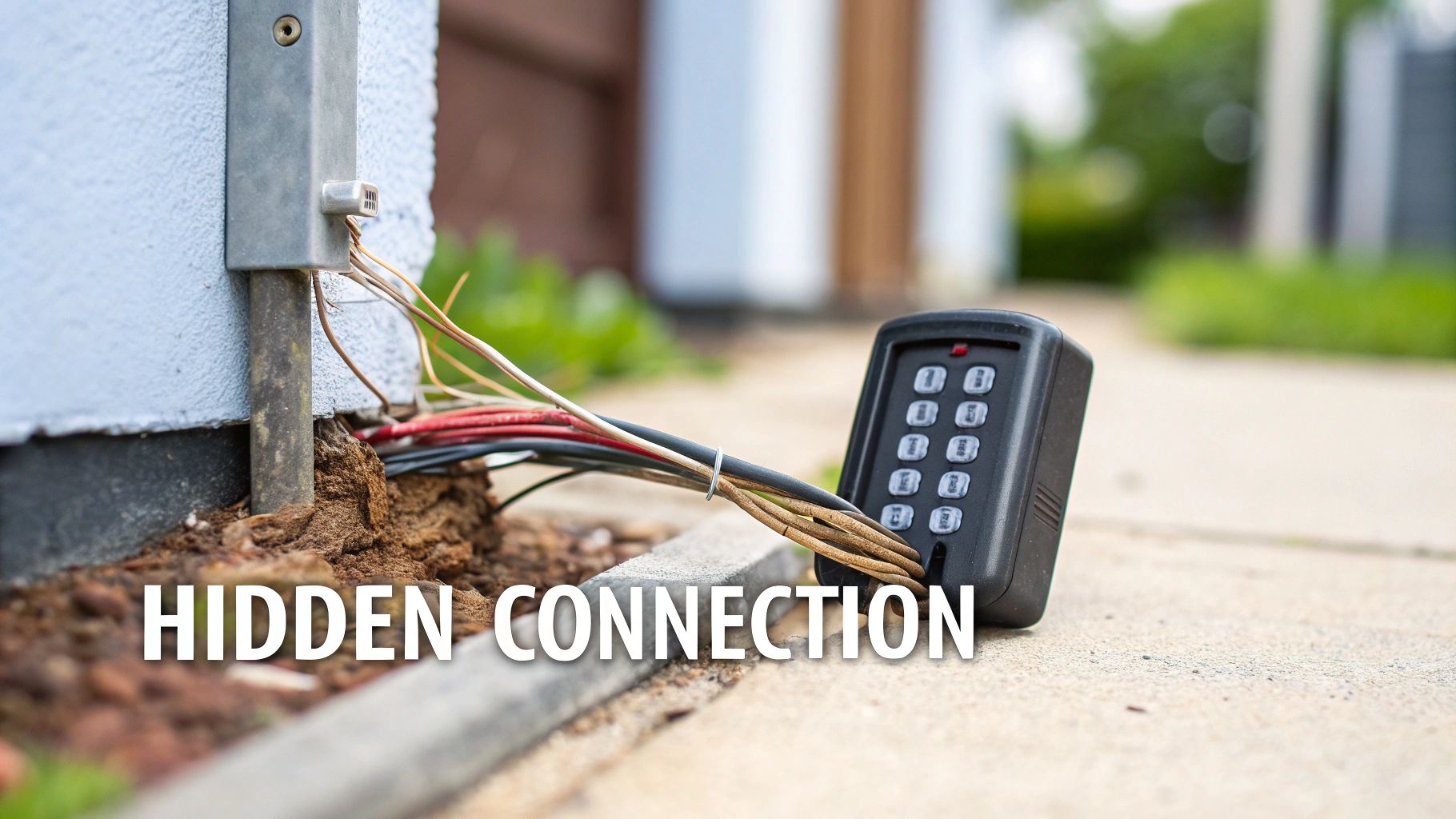 Exposed wires from a building's utility box connect to an outdoor keypad lying on the ground.