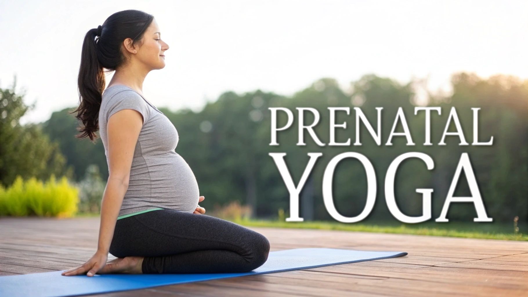 A pregnant woman meditates on a yoga mat outdoors, practicing prenatal yoga for relaxation and well-being.