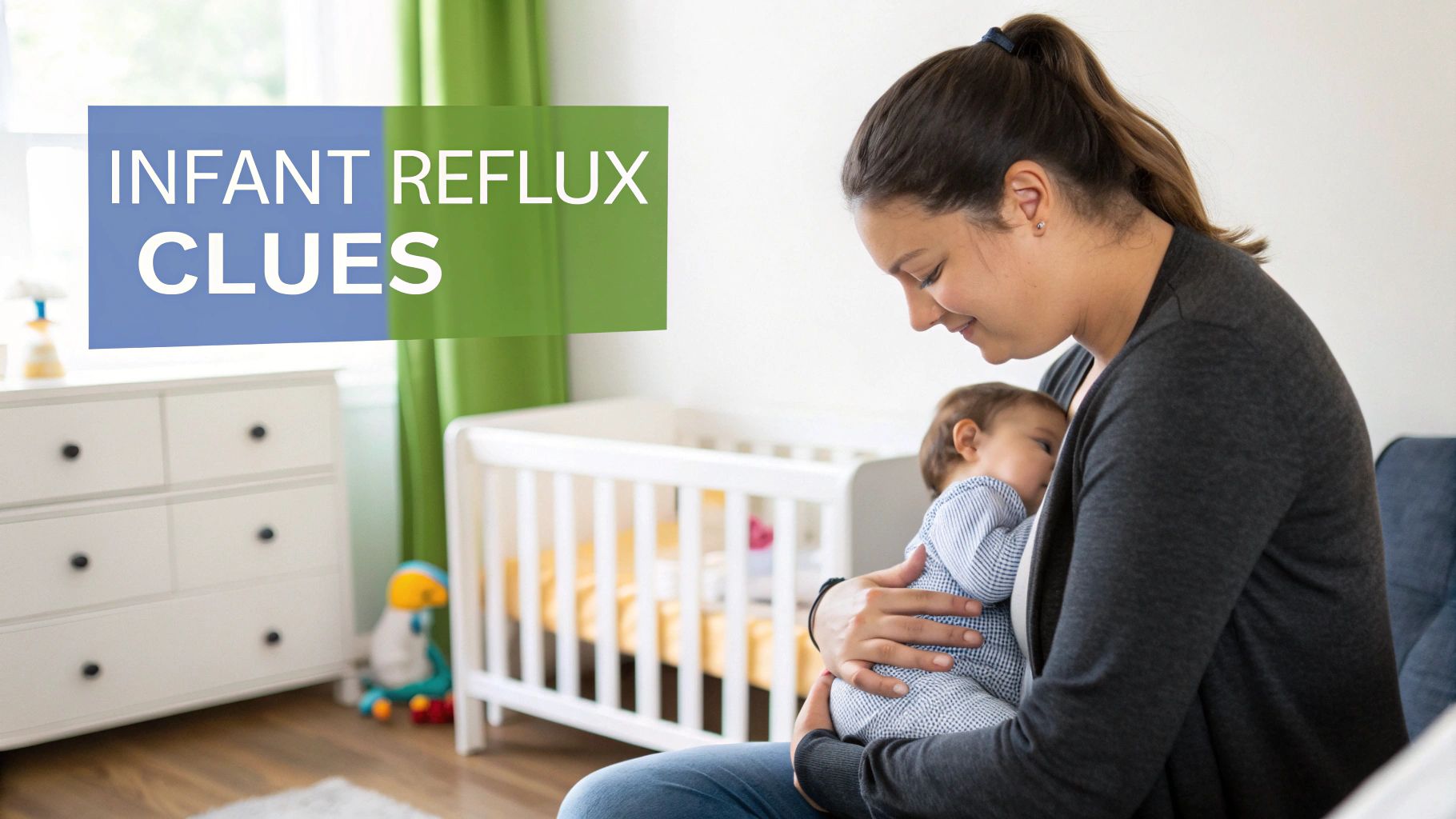 A smiling mother gently holds her baby in a bright nursery, with text 'INFANT REFLUX CLUES'.