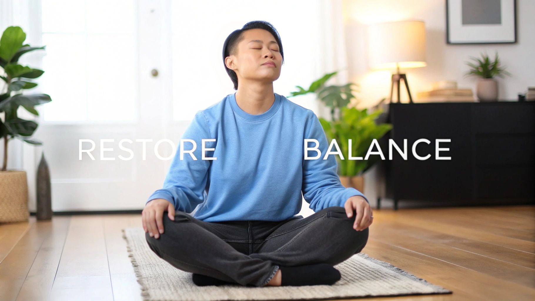 A person with eyes closed meditates peacefully on a mat in a bright, modern room.