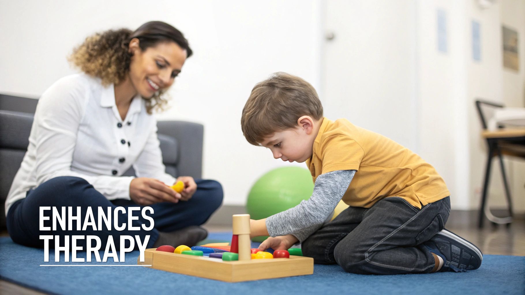 Smiling therapist observes a young boy engaged with building blocks during a developmental therapy session.