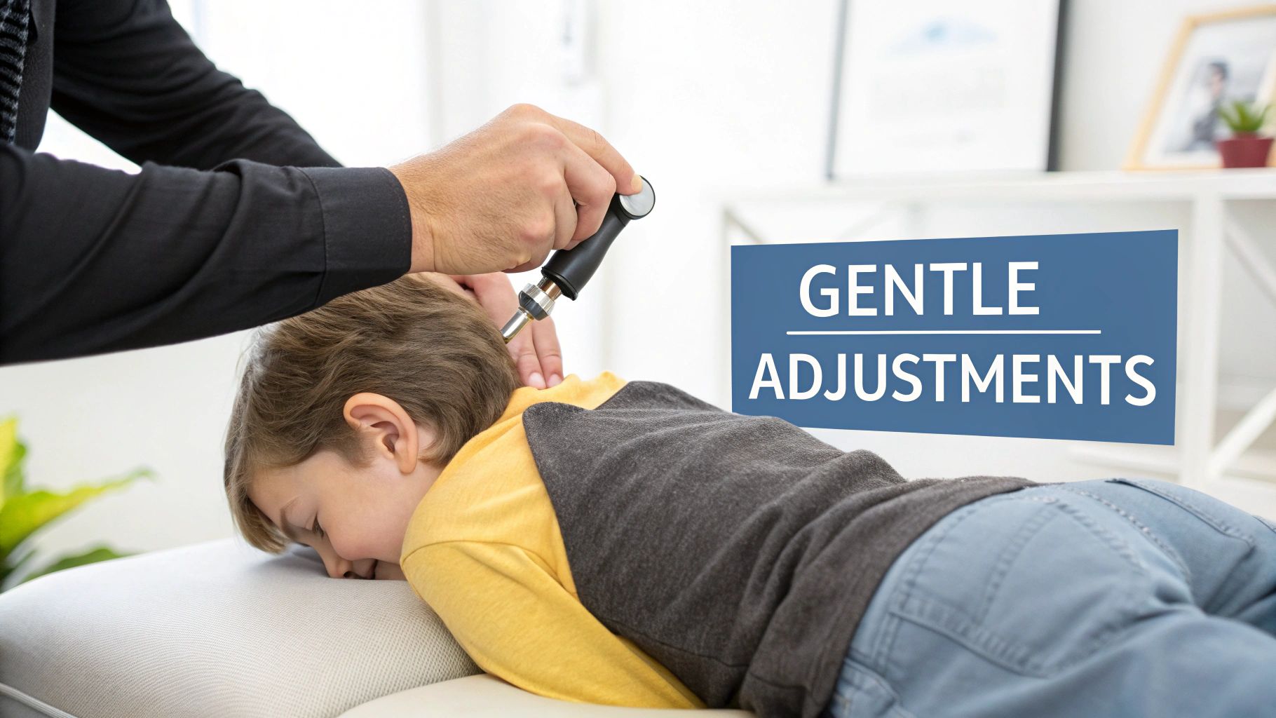 A chiropractor performs a gentle spine adjustment on a child's upper back using an activator tool.