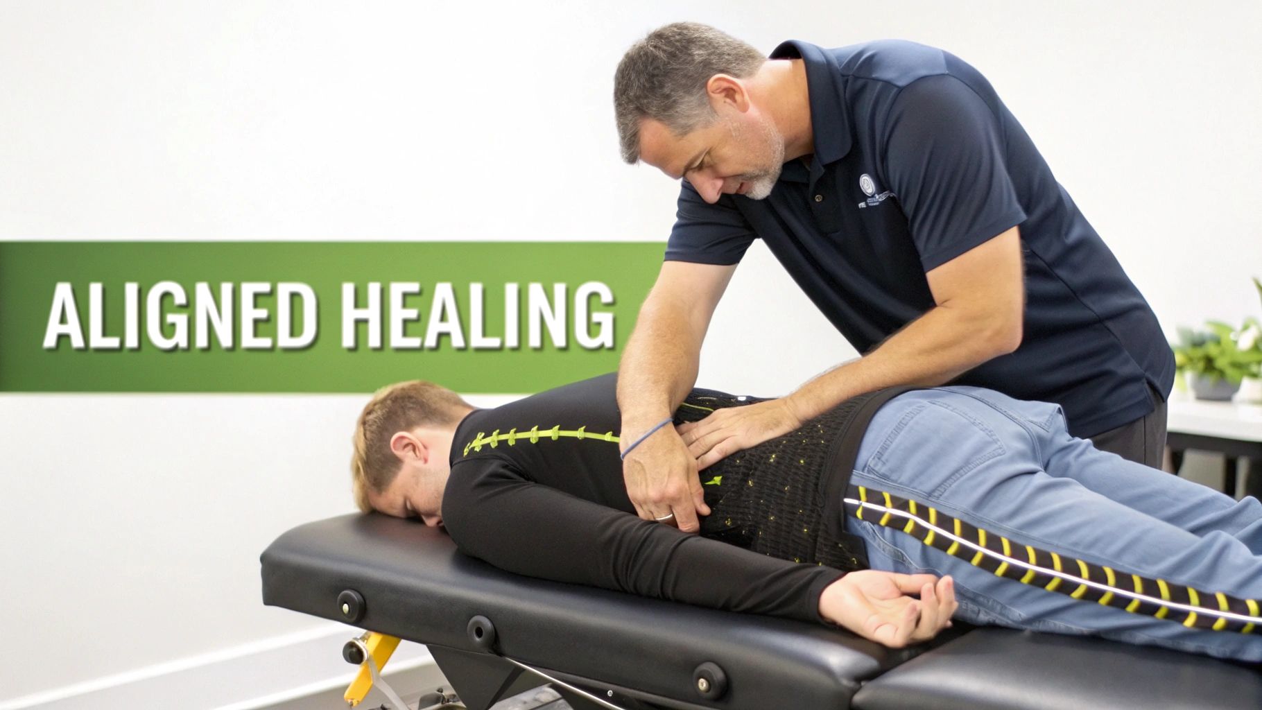 A male chiropractor performs a back adjustment on a patient lying face down on a treatment table, promoting aligned healing.