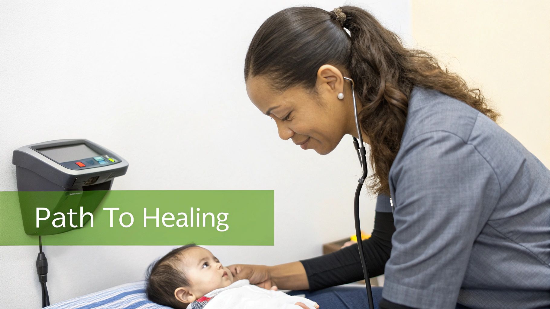A caring female doctor uses a stethoscope to examine a baby on a medical table.