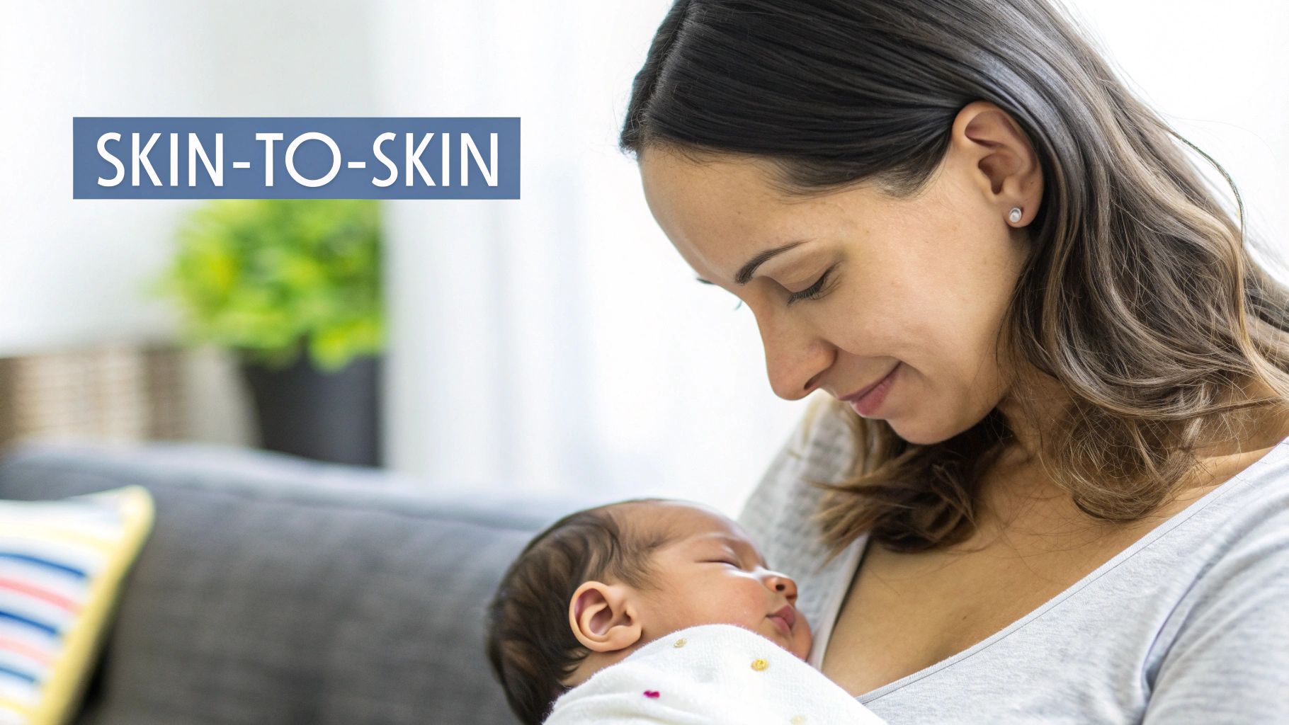 A mother lovingly holds her newborn baby in a skin-to-skin embrace, promoting bonding.