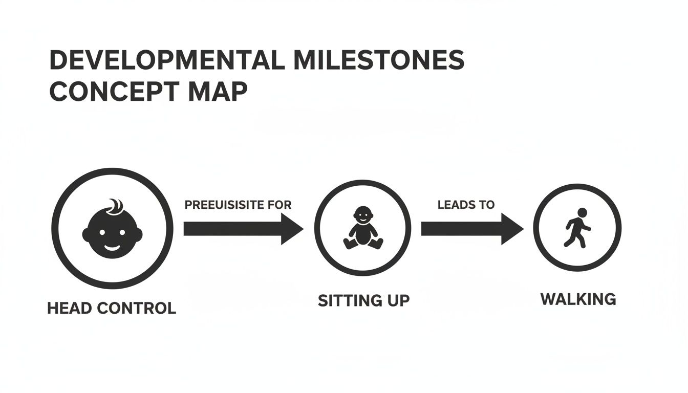 Concept map illustrating developmental milestones: head control is a prerequisite for sitting up, which leads to walking.