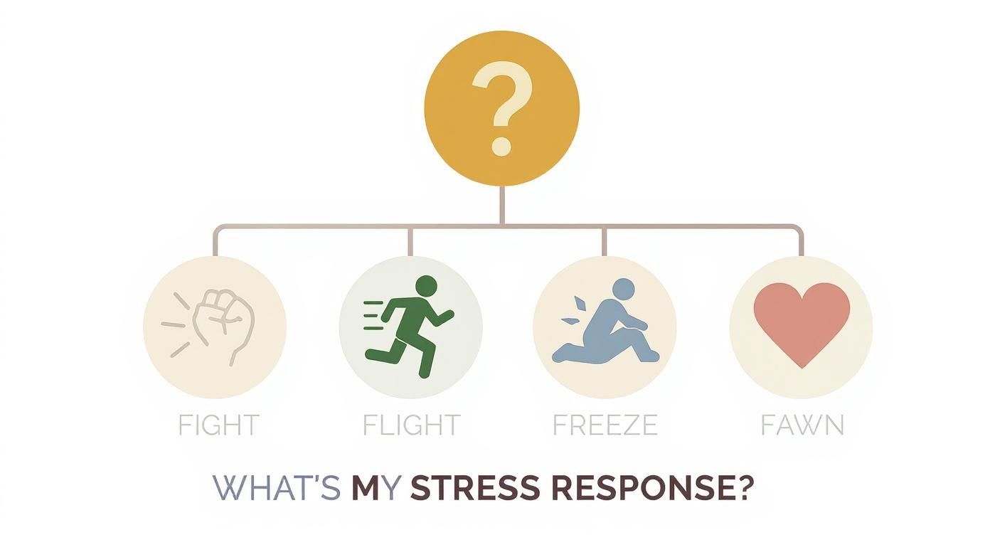Diagram showing four stress response types: fight, flight, freeze, and fawn with illustrative icons