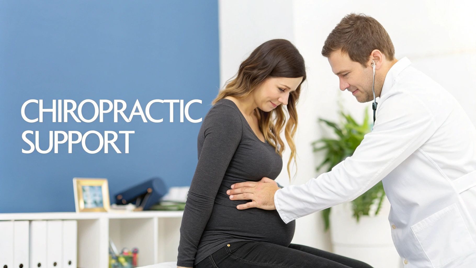 A male chiropractor gently examines the abdomen of a smiling pregnant woman in a clinic, with "CHIROPRACTIC SUPPORT" text.