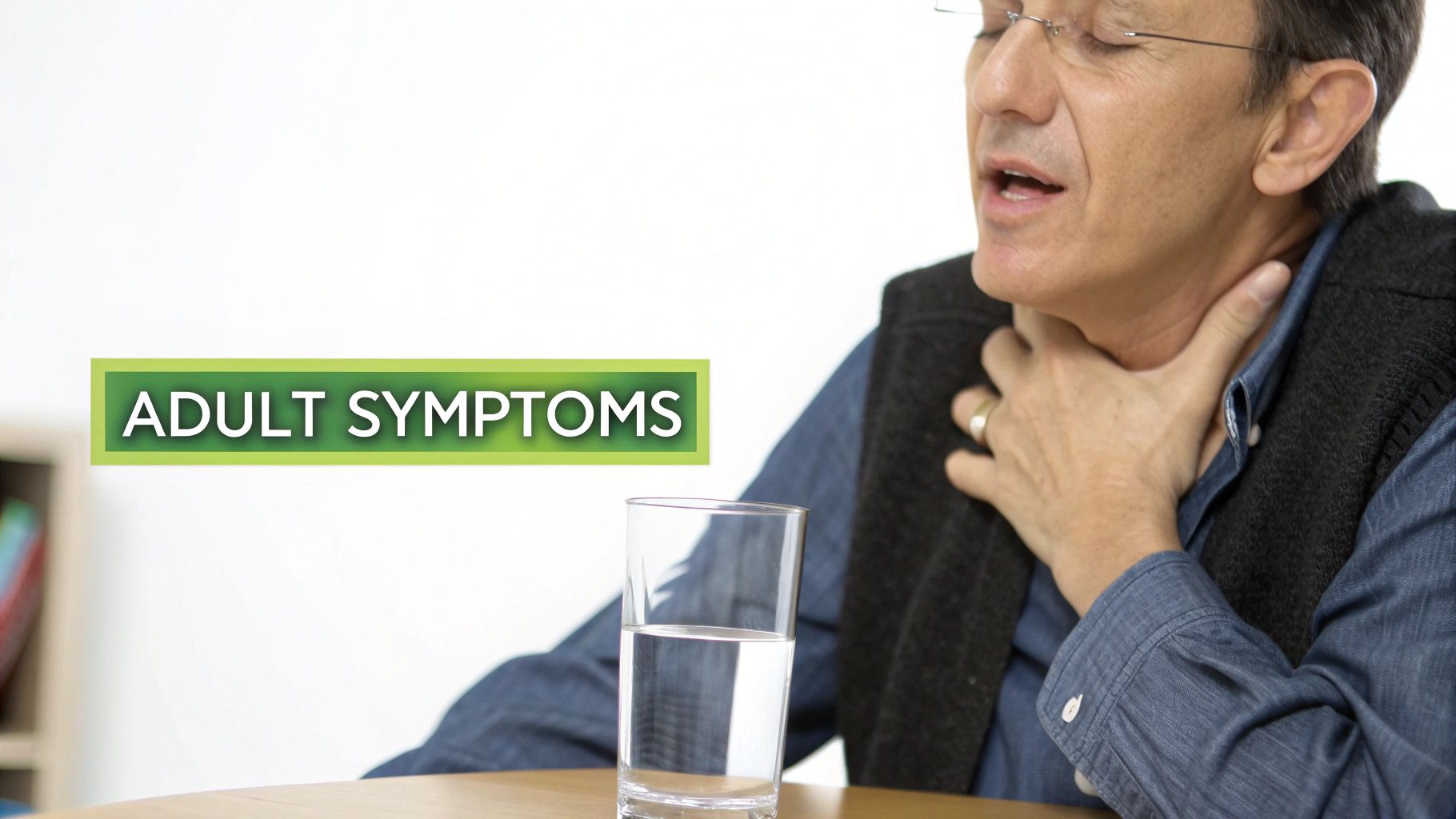 A man clutches his throat, indicating discomfort or pain, with a glass of water and 'ADULT SYMPTOMS' text overlay.