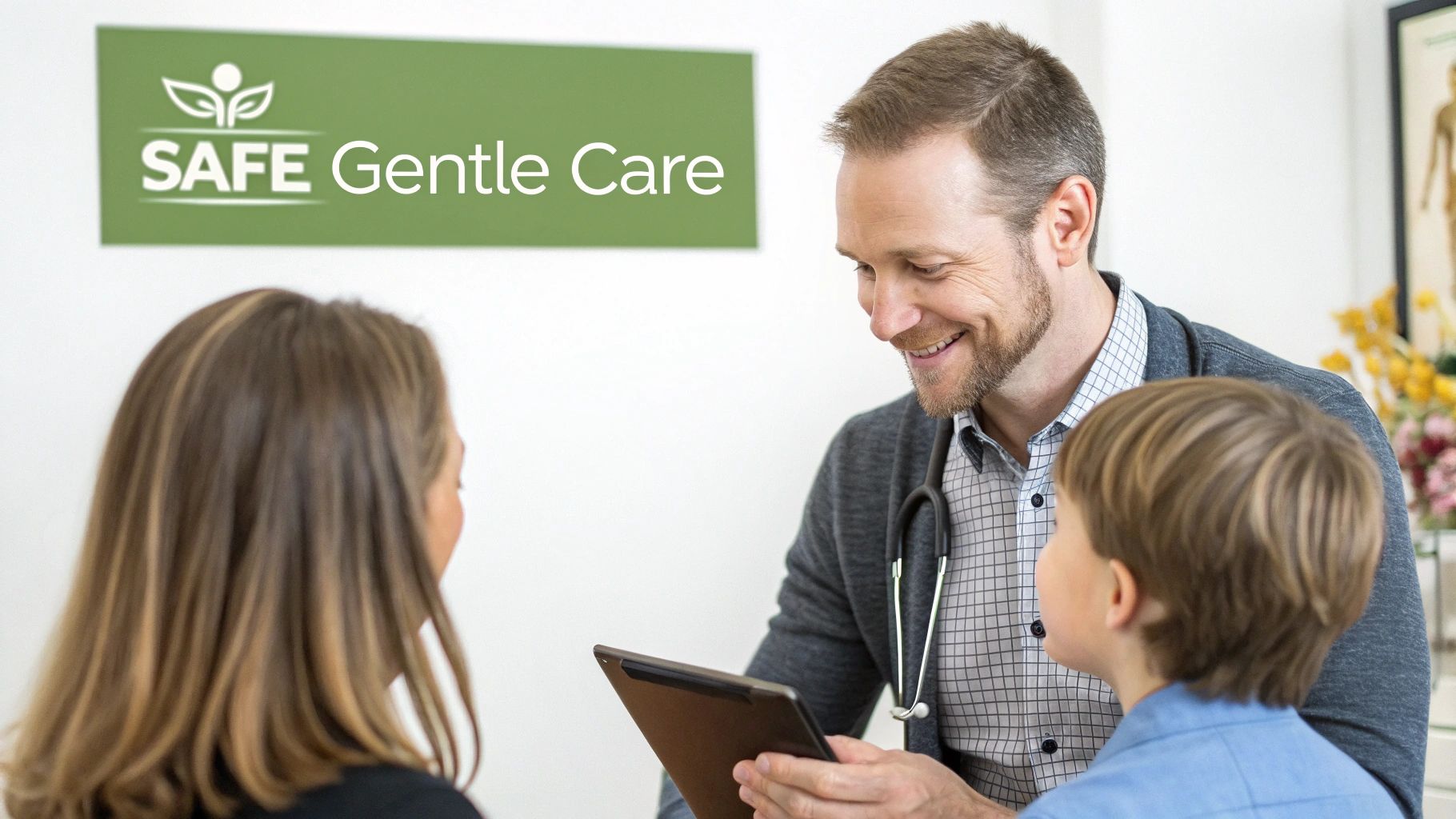A friendly male doctor smiles at a young boy and his mother during a gentle care consultation.