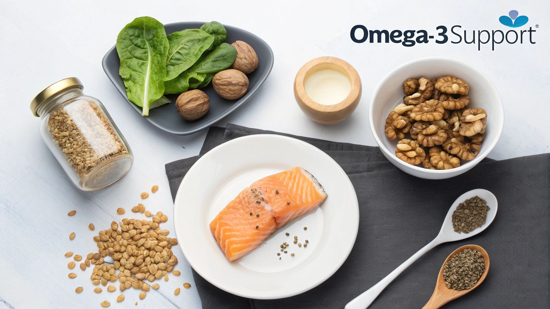 A flat lay of omega-3 rich foods including salmon, walnuts, and spinach, with a logo.