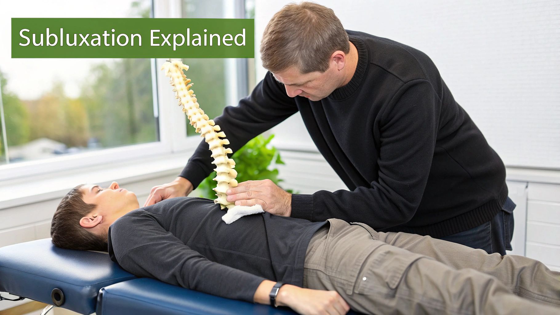 A chiropractor adjusting a patient's spine, illustrating the concept of subluxation correction