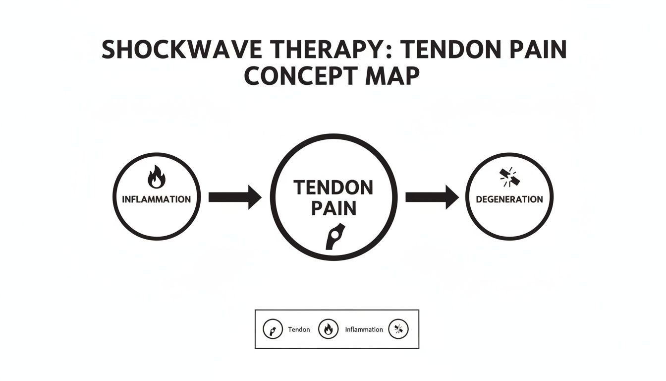 Concept map illustrating the progression from inflammation to tendon pain and ultimate degeneration.