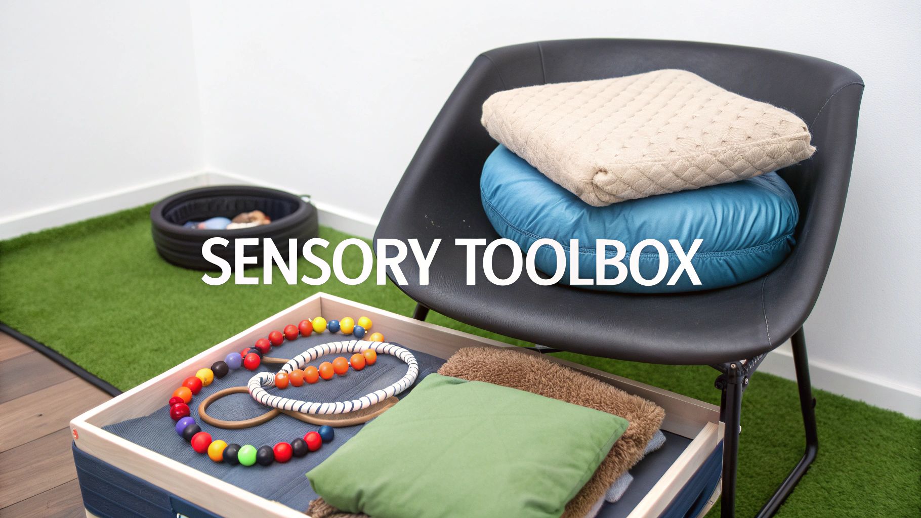 A room with a 'Sensory Toolbox' containing colorful beads, soft fabrics, and cushions for sensory exploration.
