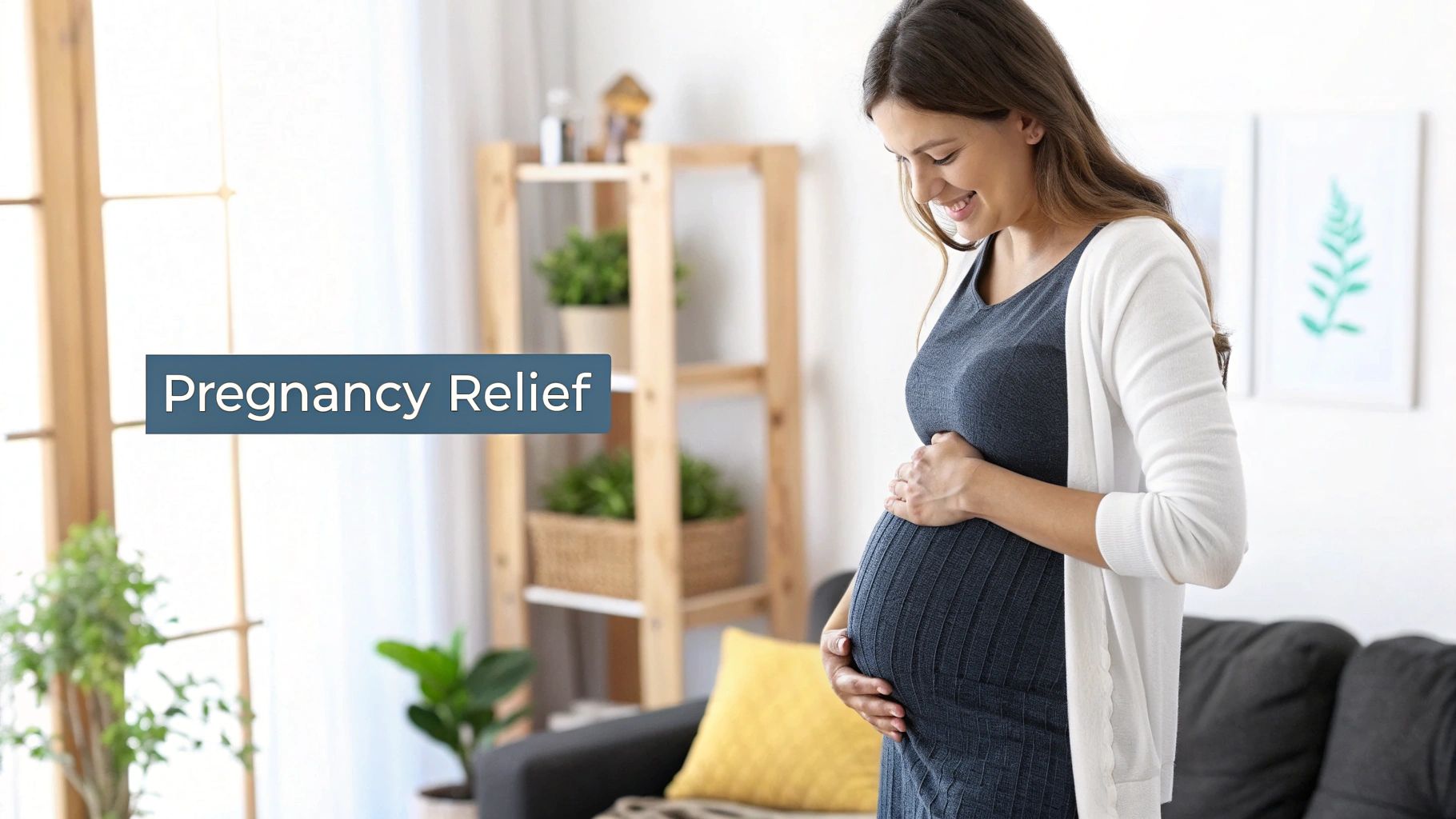 A smiling pregnant woman sitting comfortably, representing the benefits of the Webster Technique.