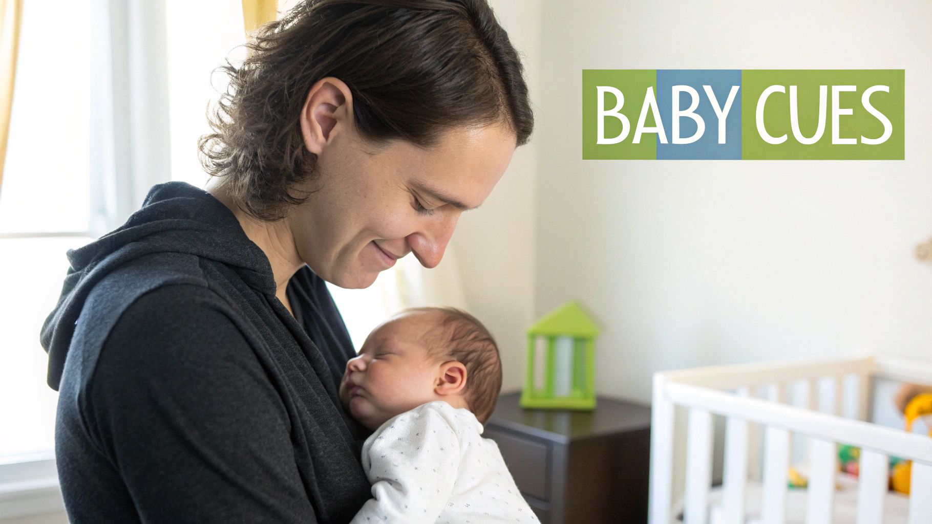 A smiling mother lovingly holds her sleeping newborn baby in a brightly lit room.