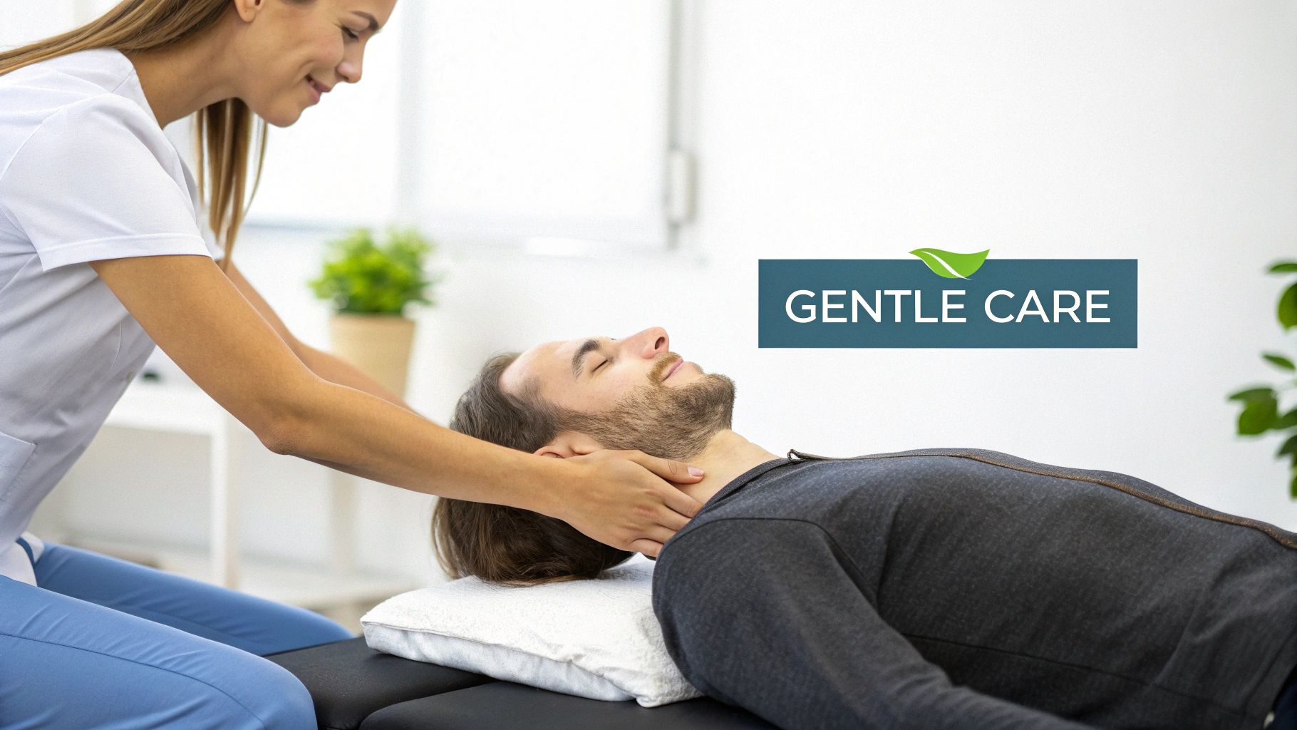 A female therapist performs a gentle neck adjustment on a male patient lying on a treatment table.
