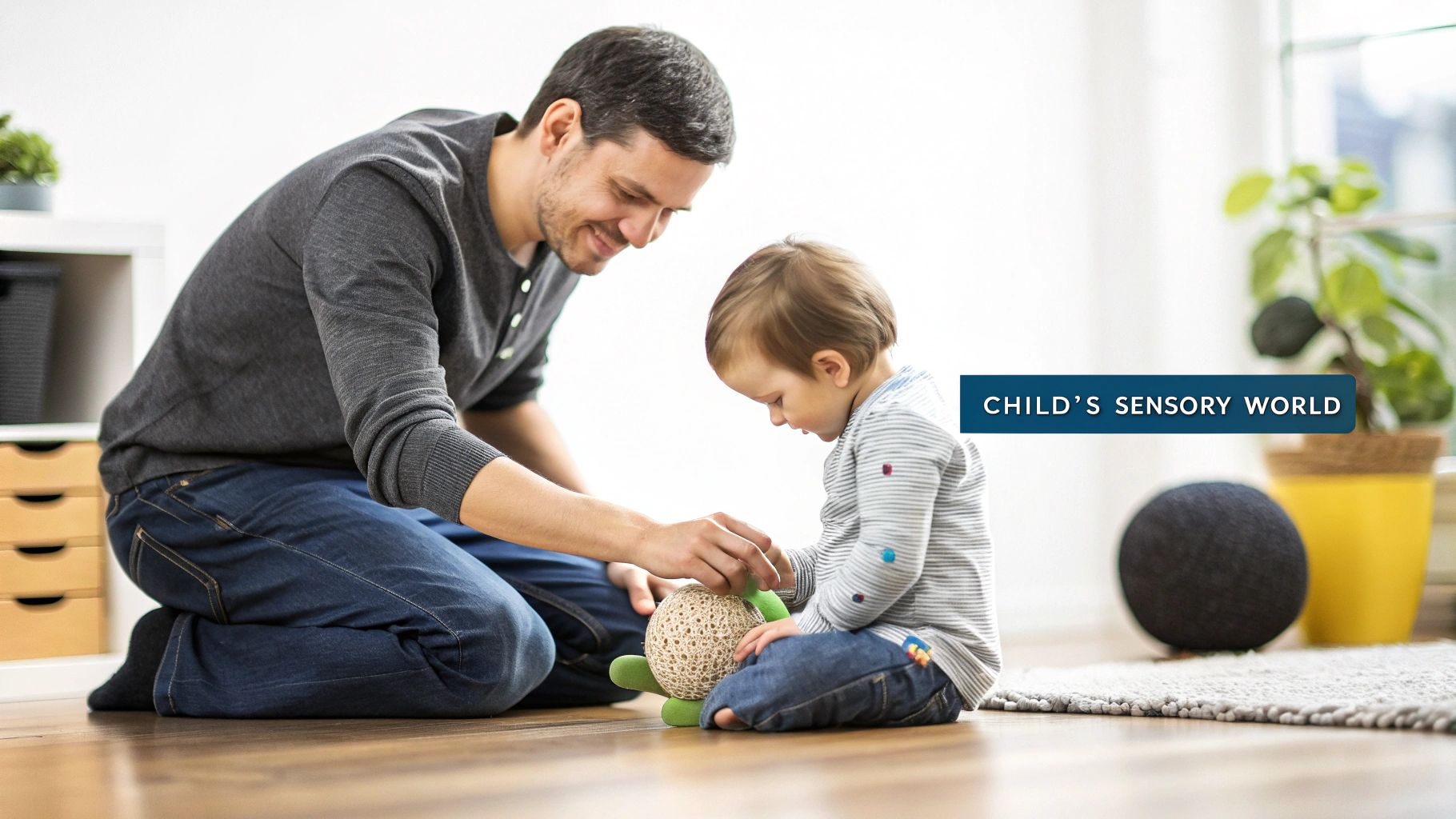 A happy father and child playing with a textured sensory toy on a wooden floor.