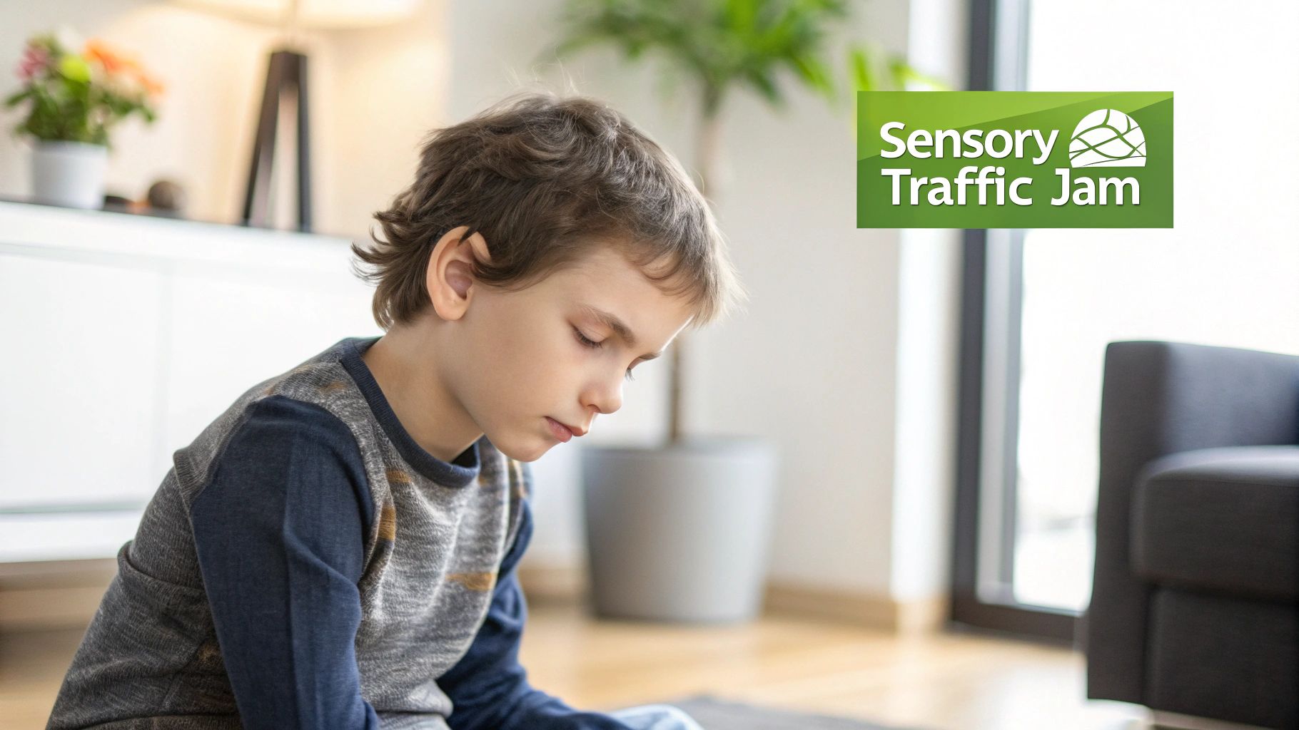 A young boy with closed eyes and a thoughtful expression, possibly experiencing sensory processing difficulties.