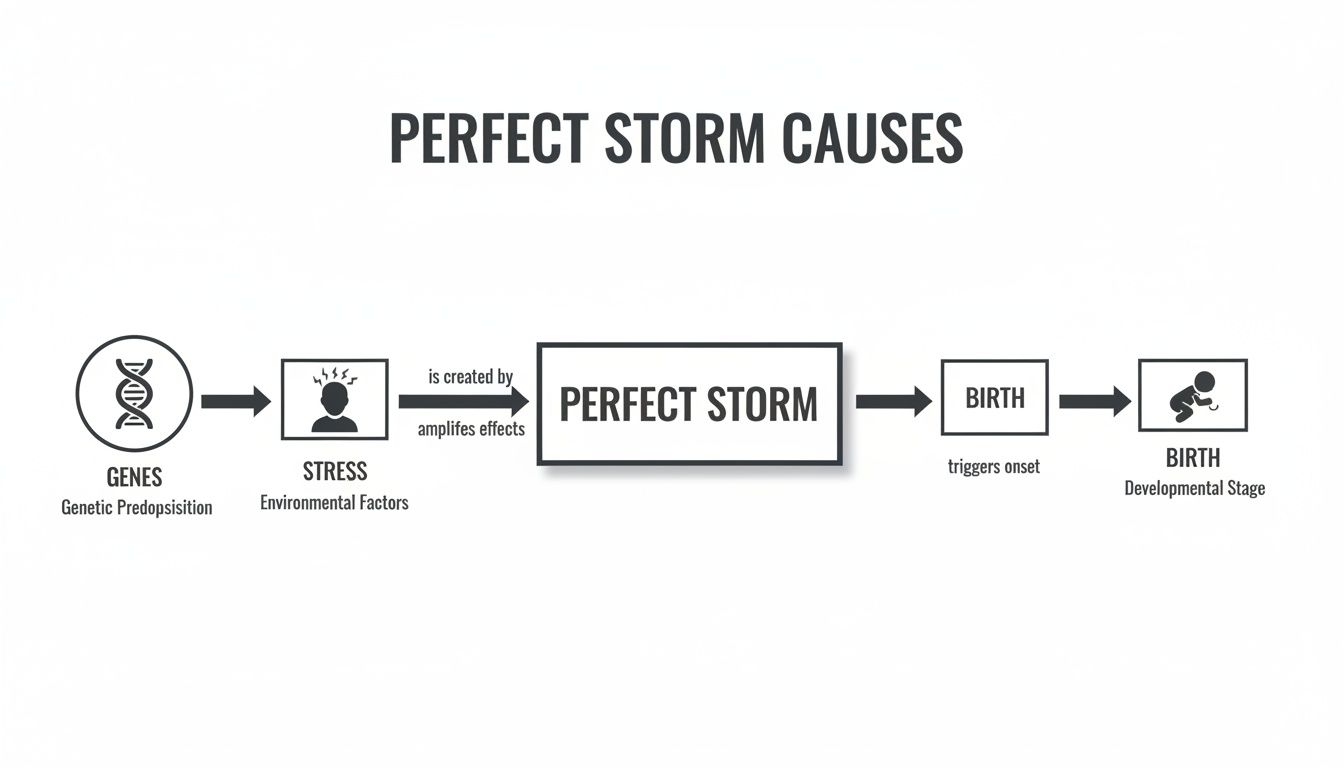 Flowchart detailing the causes of a 'perfect storm,' linking genes, stress, and birth as triggers.