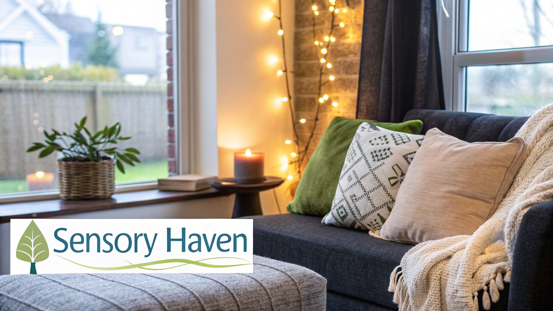 A calm and organized sensory-friendly room with soft lighting and comfortable textures.