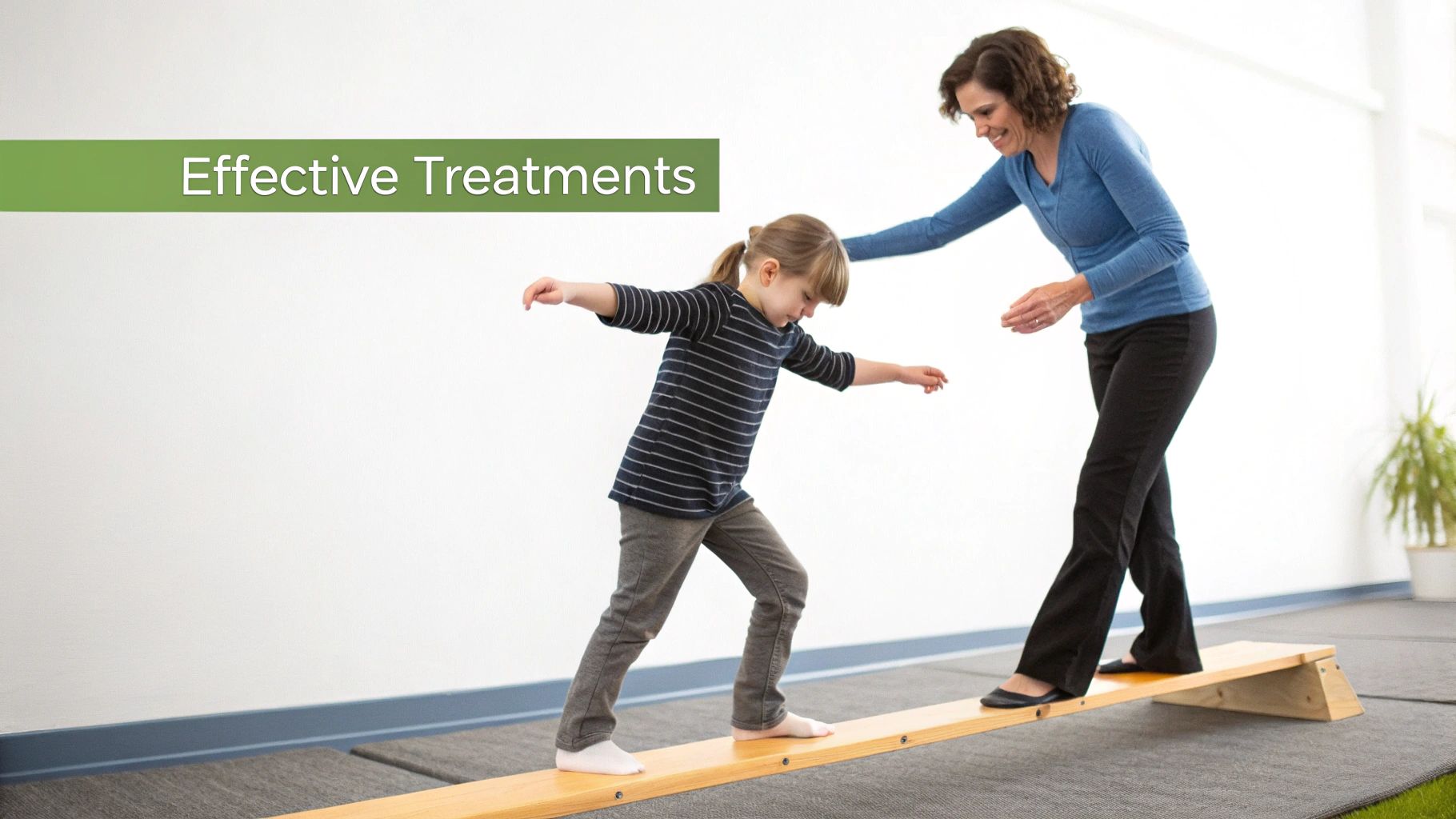 A smiling woman helps a young girl balance on a therapy beam, indicating physical therapy.
