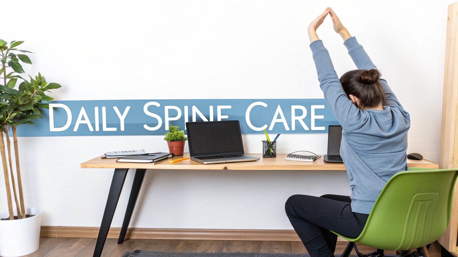Woman stretching arms overhead at desk workspace practicing daily spine care exercises