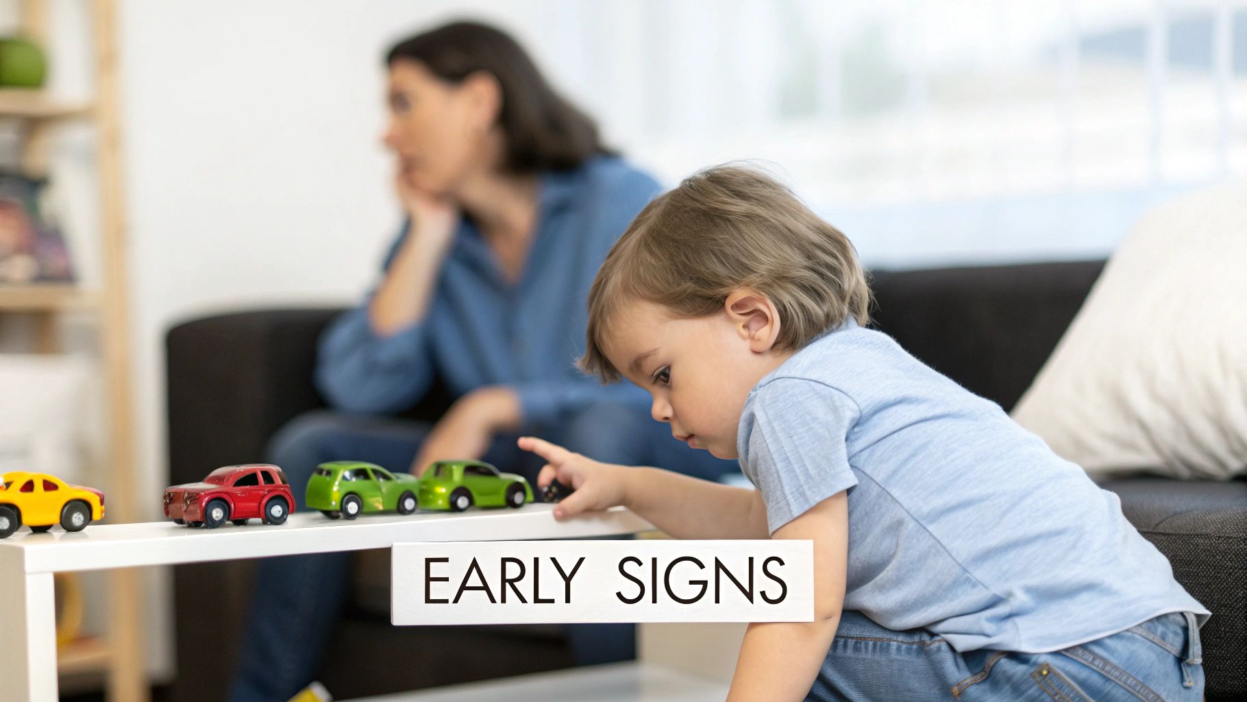 A child lines up toy cars on a table with an adult in the background, overlaid with "EARLY SIGNS".