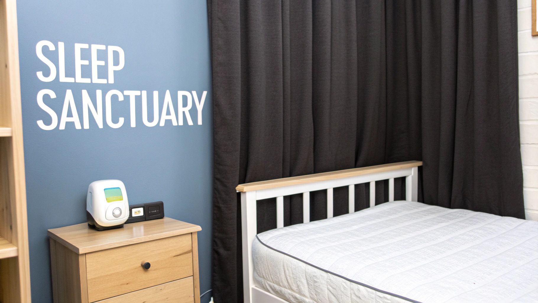 A cozy bedroom corner with a bed, nightstand, and "SLEEP SANCTUARY" wall decor.