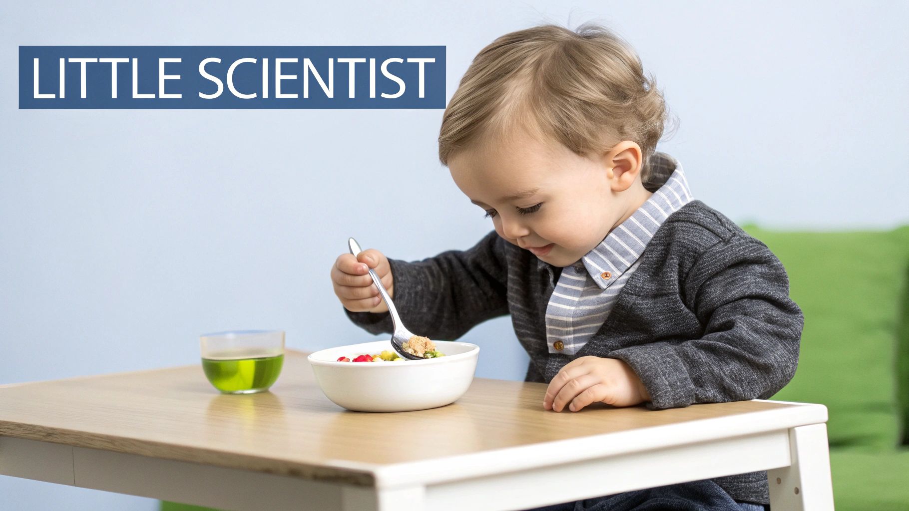 A curious toddler experimenting by dropping a toy from different heights.