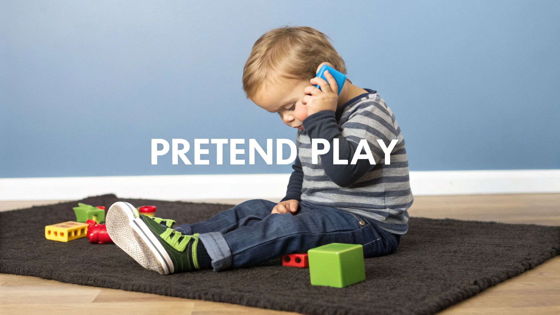 A toddler engaged in imaginative pretend play with a toy.