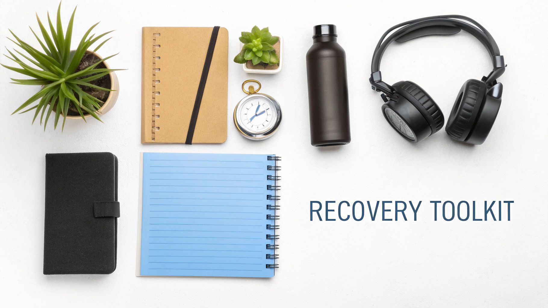 A flat lay of a 'RECOVERY TOOLKIT' with plant, notebooks, headphones, water bottle, and watch.