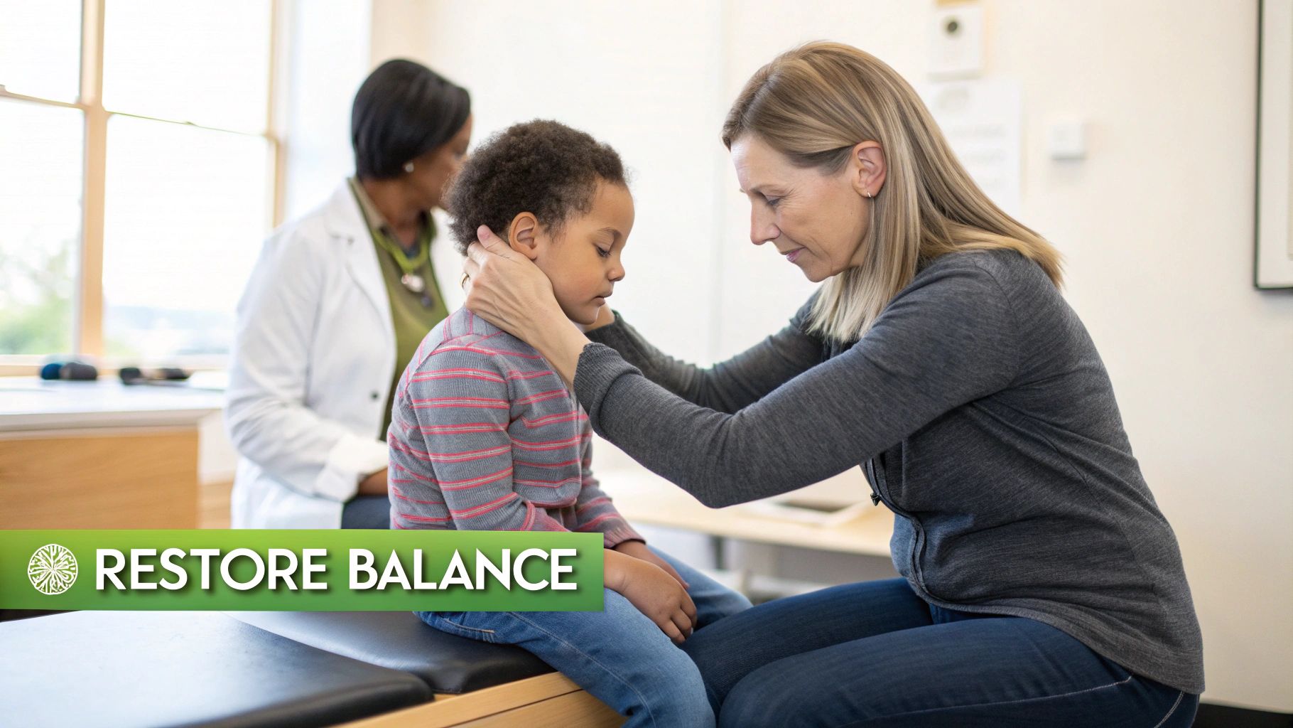 A female practitioner gently examines a young child's neck in a clinic setting, with a doctor in the background.