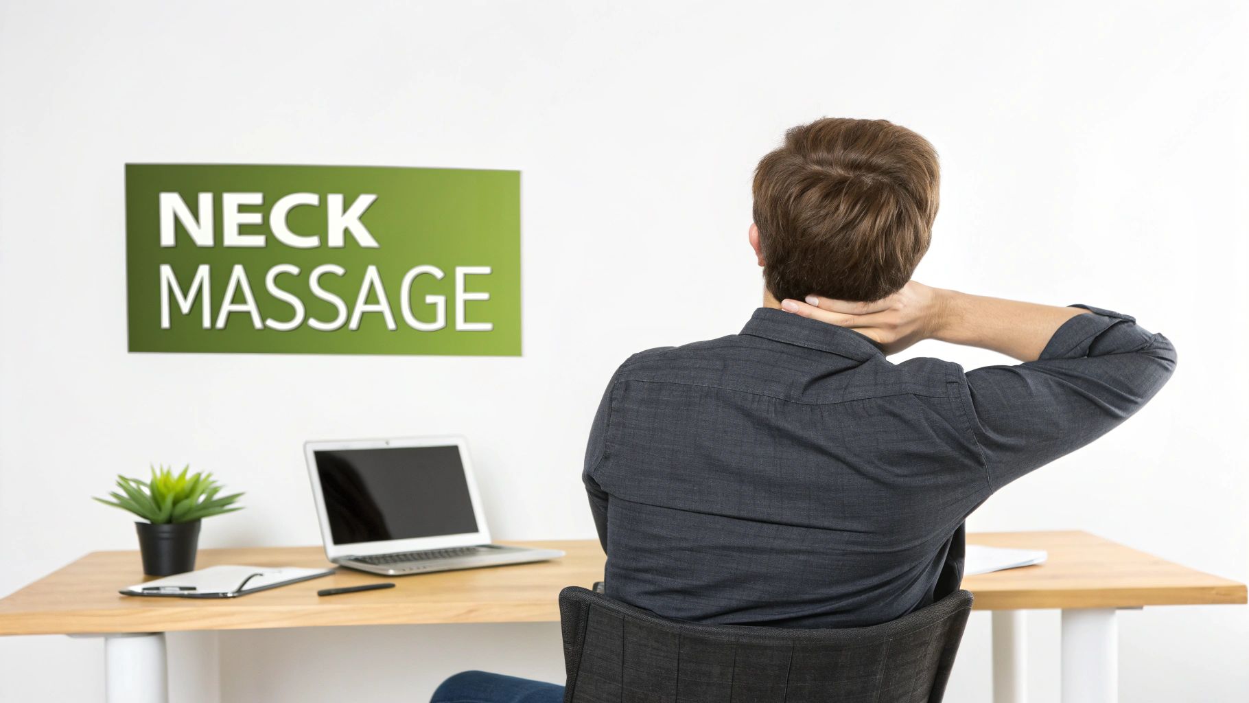 Man performing self neck massage while sitting at office desk to relieve tension and stress