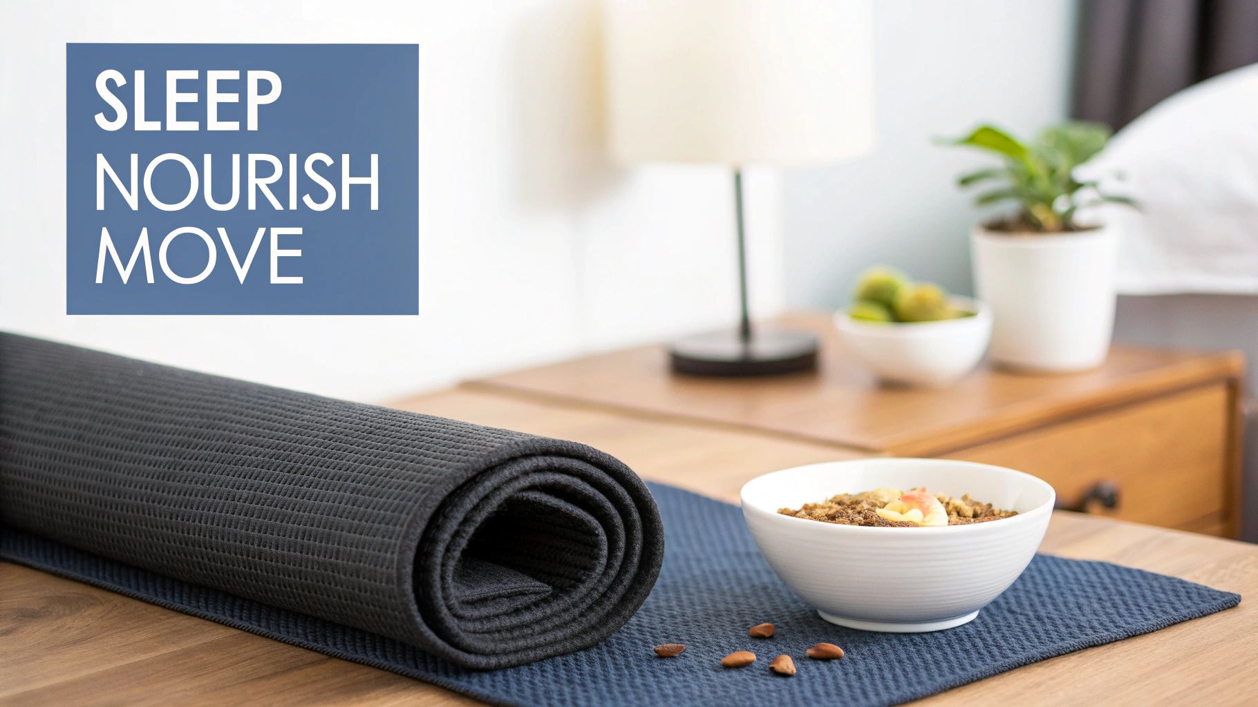 A rolled yoga mat, a healthy breakfast bowl, and text 'Sleep Nourish Move' on a table.