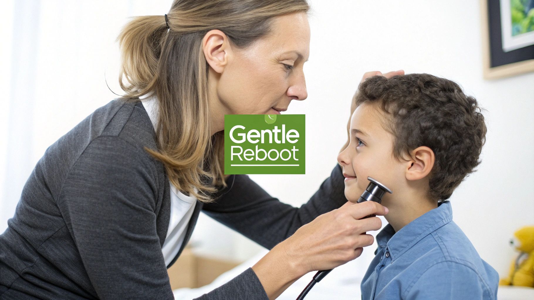 A chiropractor gently adjusts a child's neck while the child lies peacefully.
