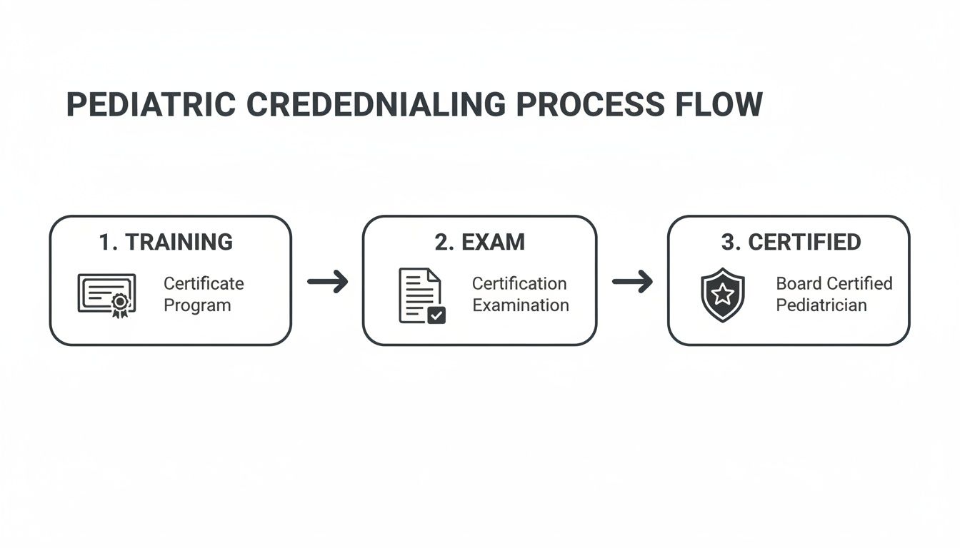 Flowchart detailing the three-step pediatric credentialing process: training, examination, and certification.