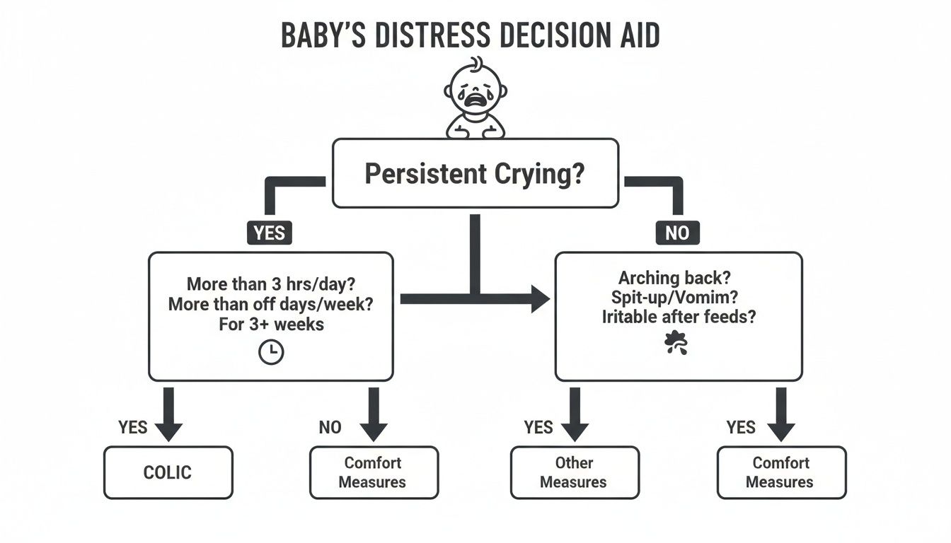 Flowchart for baby's distress, evaluating persistent crying for colic, and other symptoms for management.