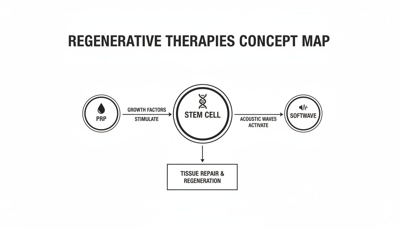 A concept map detailing regenerative therapies, showing how PRP and Softwave activate stem cells for tissue repair and regeneration.