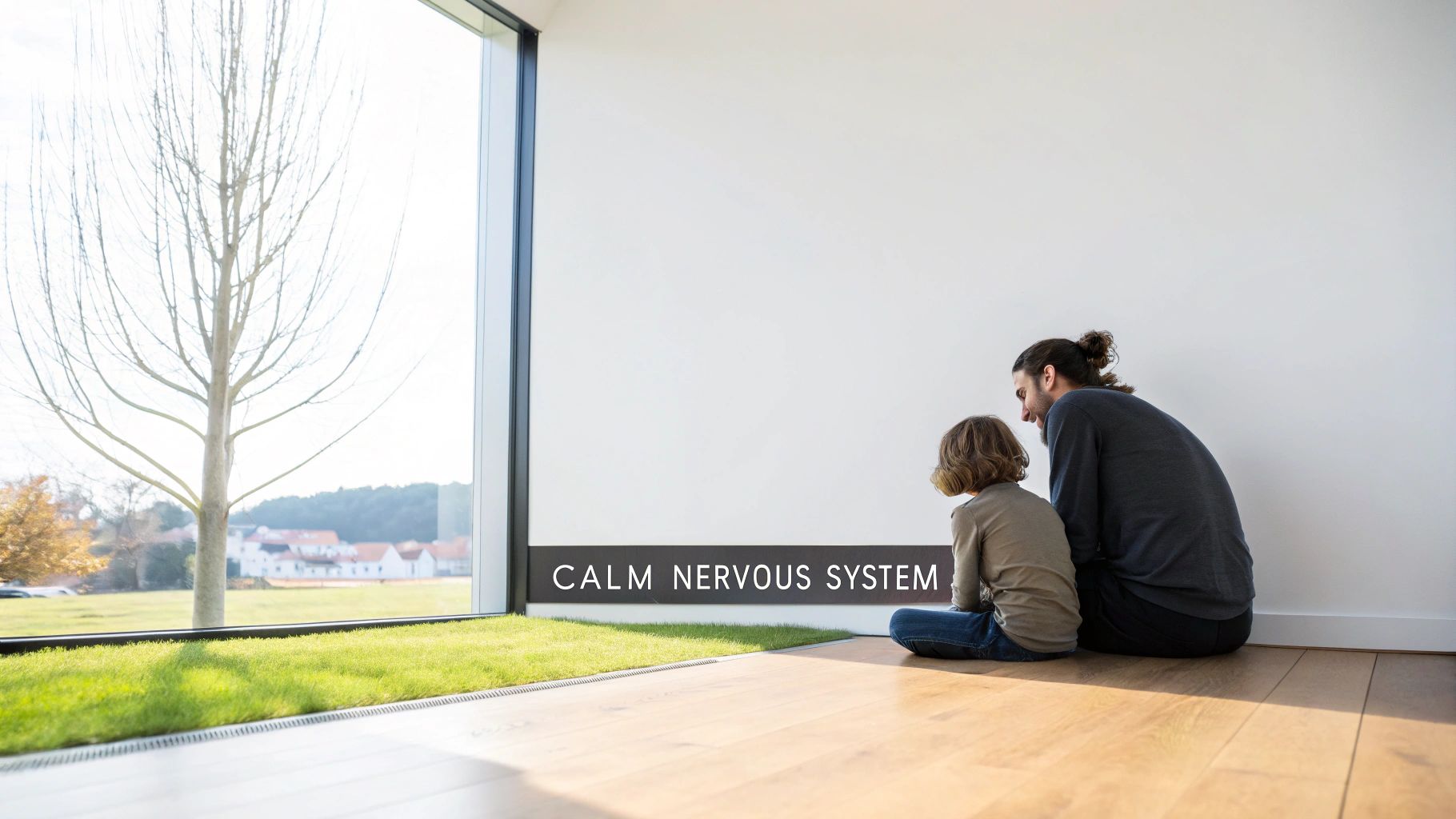 A father and child sit by a window with 'CALM NERVOUS SYSTEM' on the wall, looking outside.