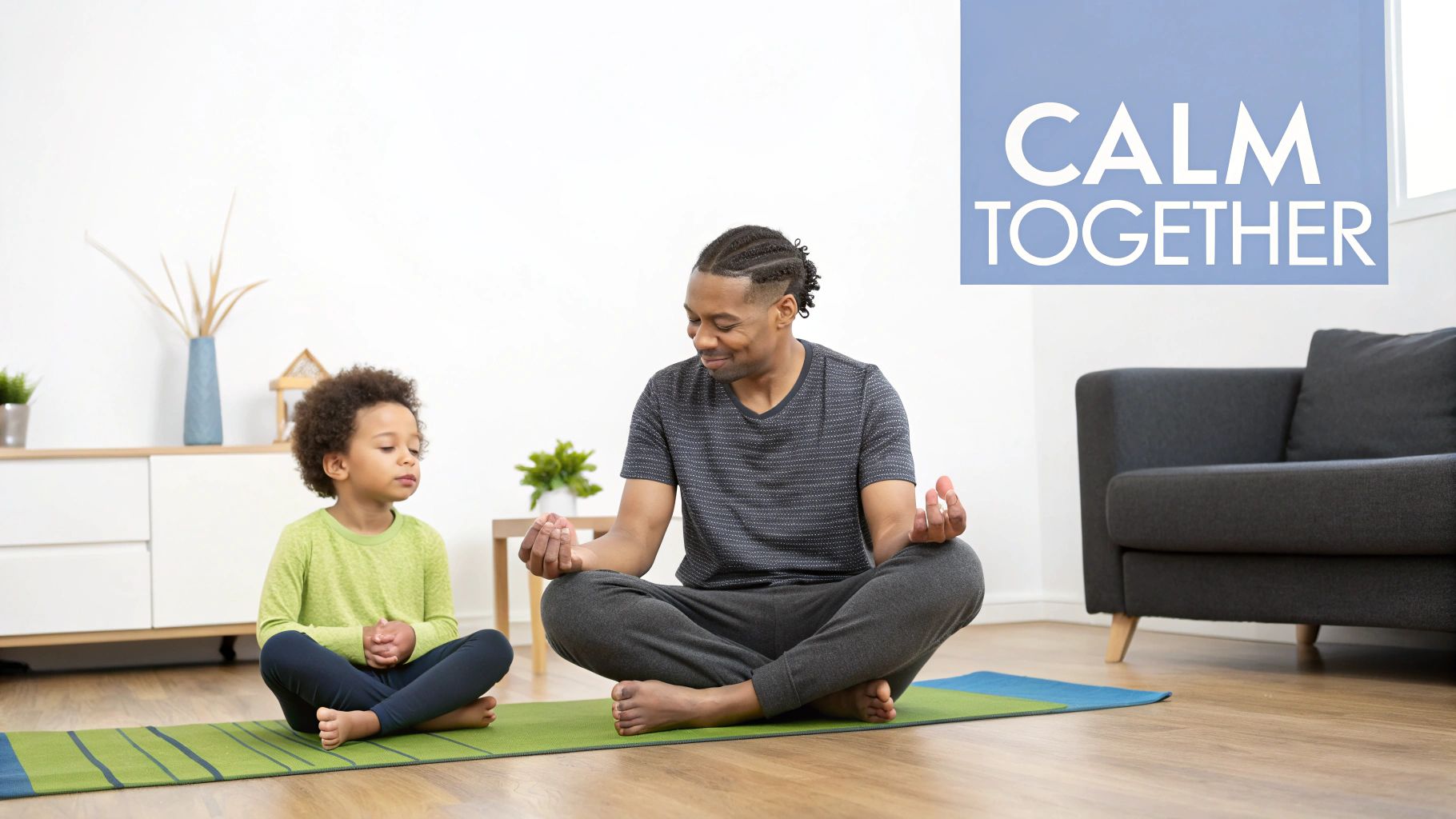 An adult and a young child meditate together on yoga mats, promoting calmness.