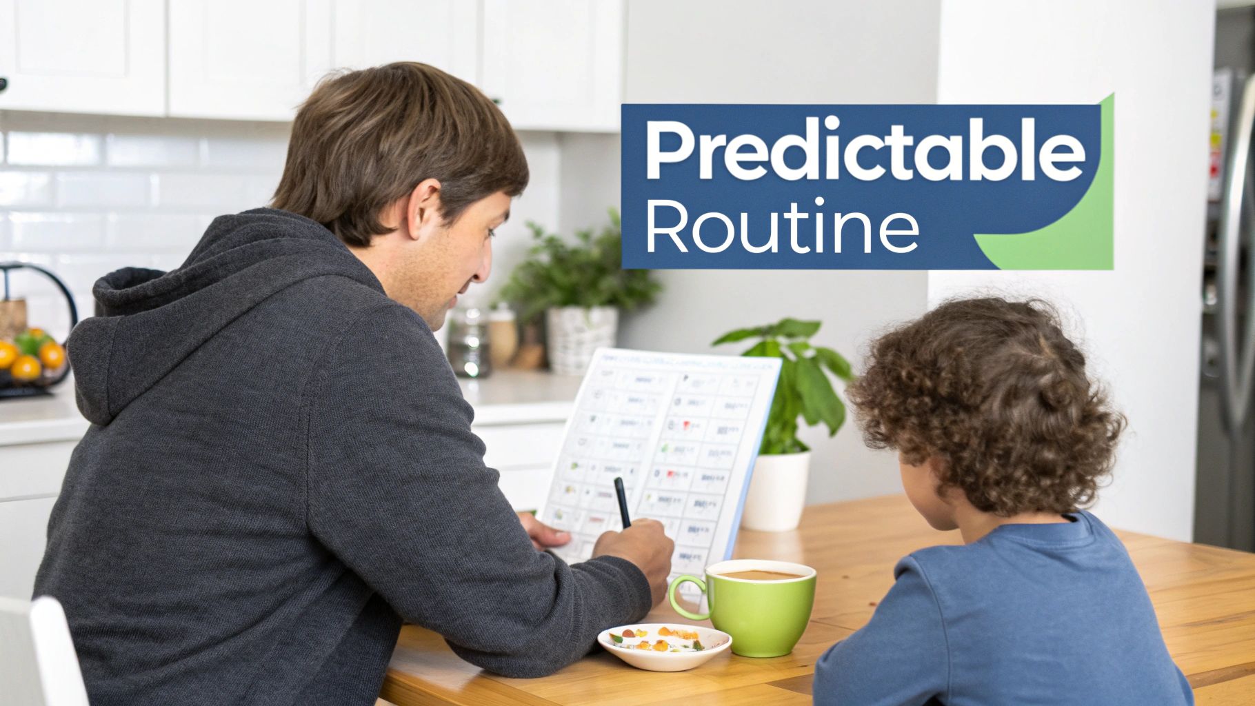 A visual schedule on a wall showing a child's daily routine with icons for activities.