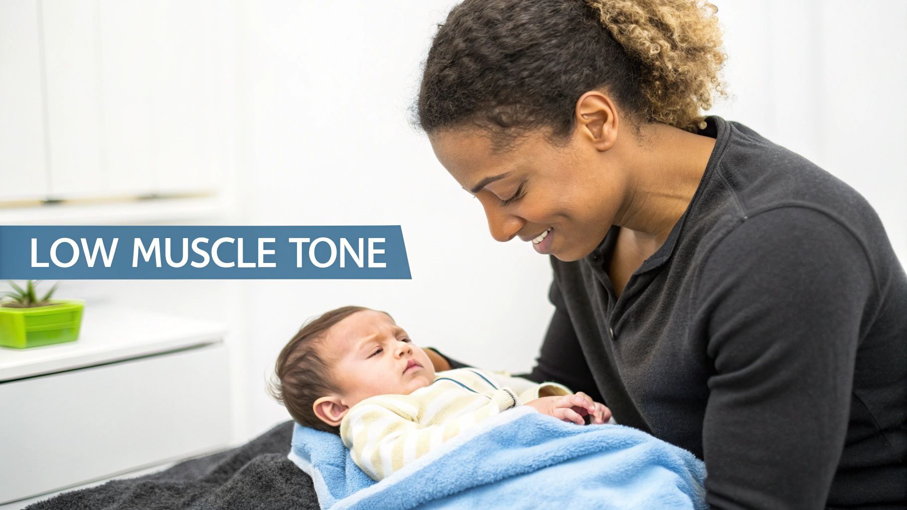A baby lying on a white surface with a soft expression, illustrating a gentle and supportive environment for development
