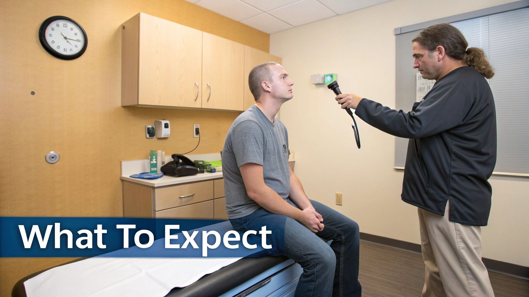 A healthcare provider administers therapy with a handheld device to a male patient's neck.