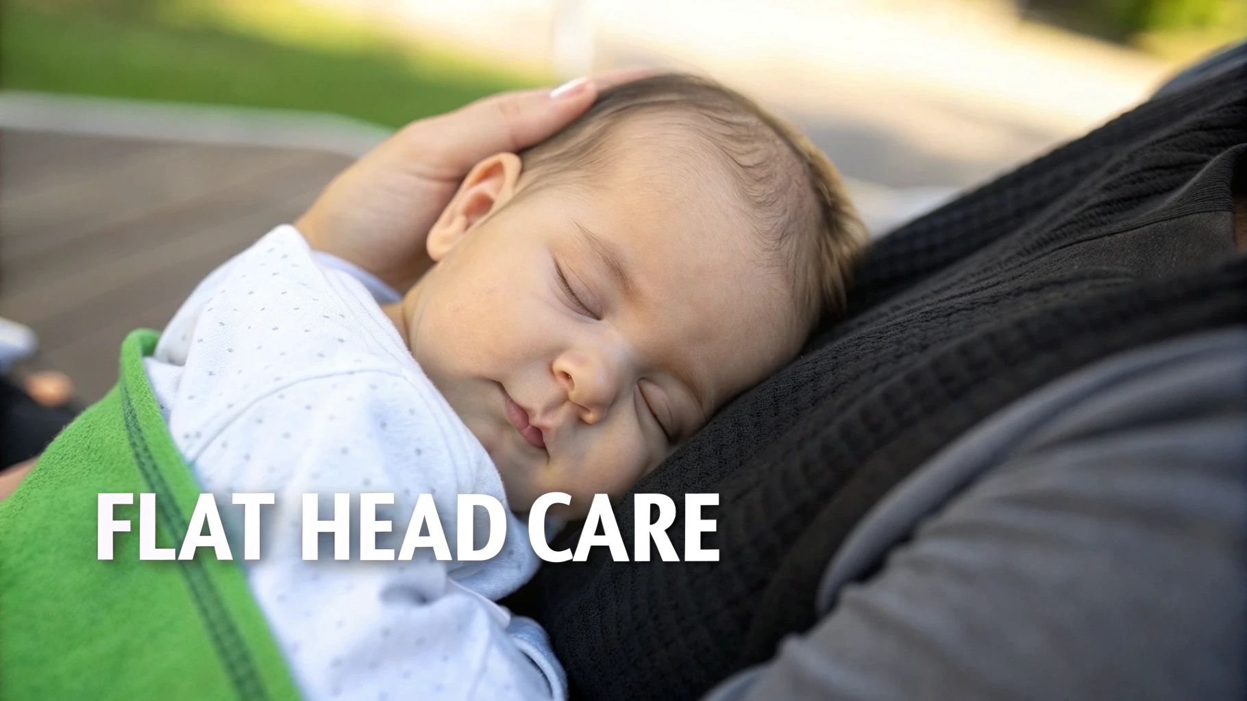 A newborn baby with closed eyes sleeping peacefully on an adult's chest, suggesting flat head care.