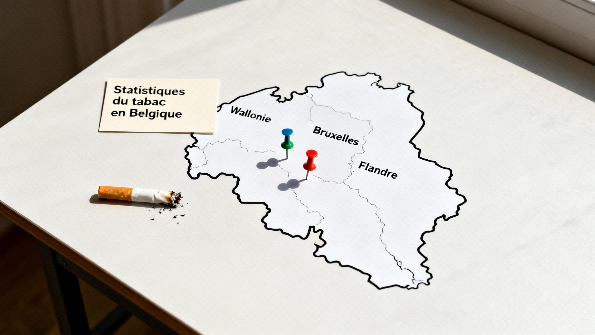 Carte de la Belgique avec épingles, cigarette éteinte et note sur les statistiques du tabac.