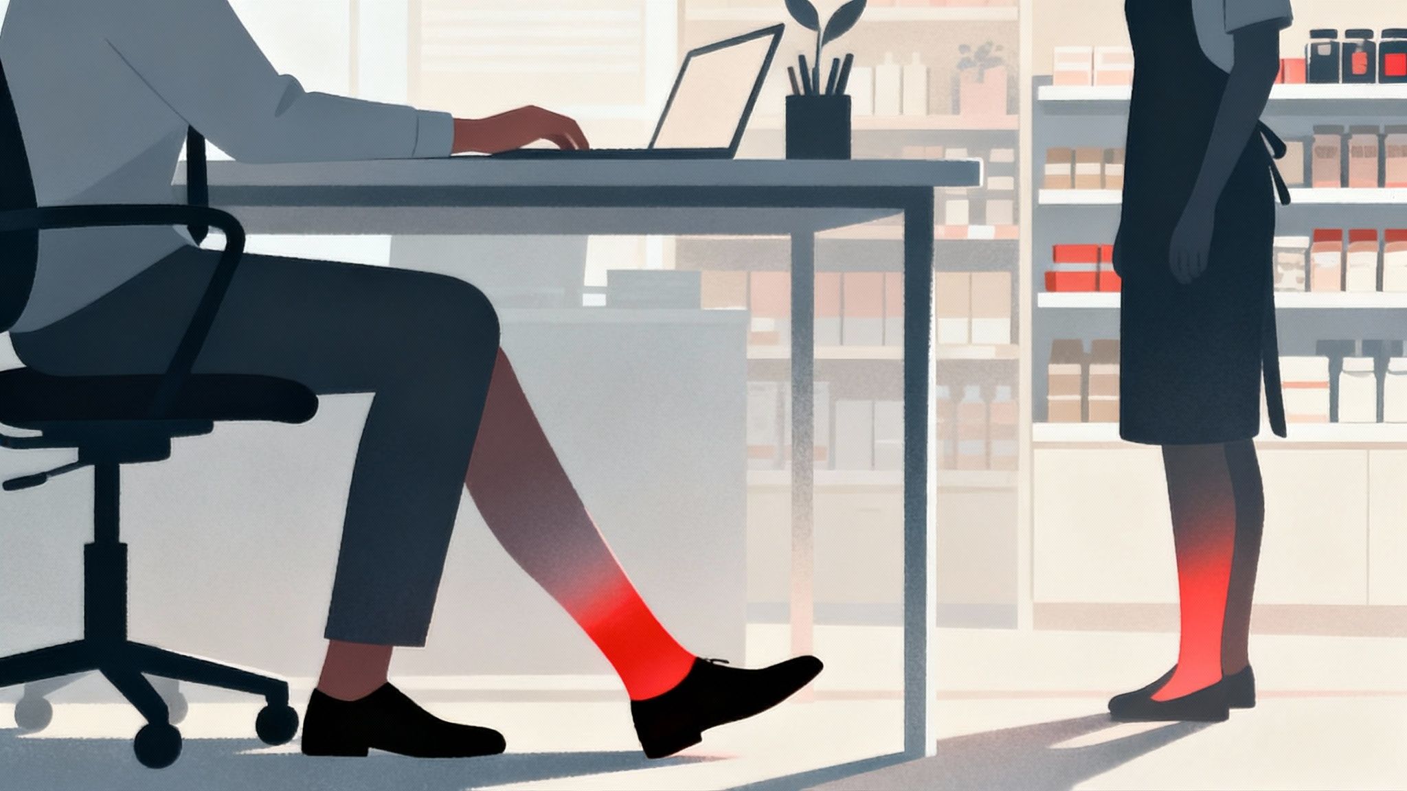 Personne travaillant à un bureau et ressentant une douleur à la jambe.
