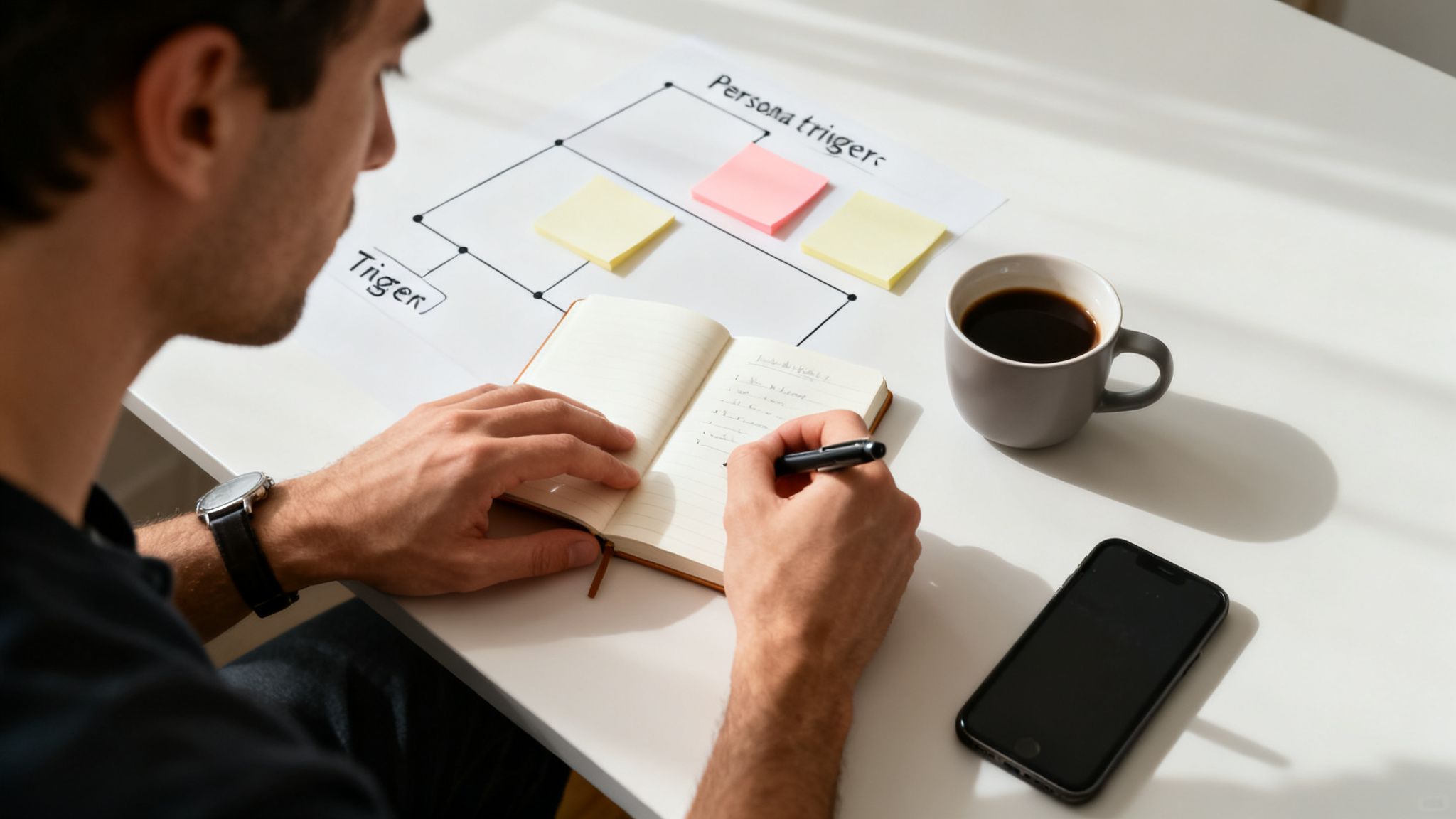 Vaincre l'envie irrépressible de fumer pour de bon 4 Un homme écrit dans son carnet, travaillant sur un diagramme de déclencheurs de persona avec des post-it colorés.